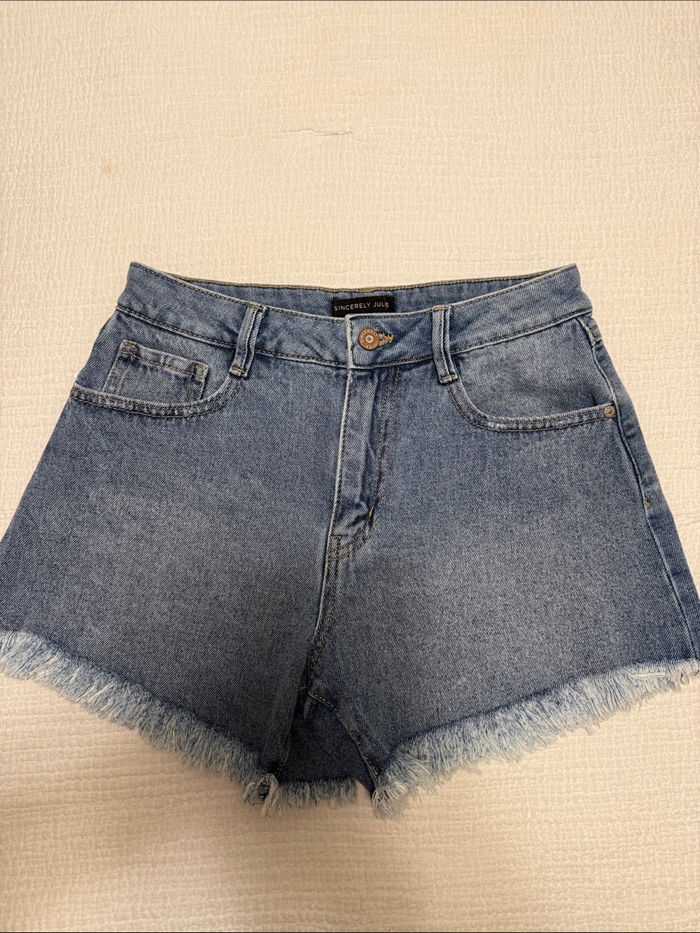 Sincerely Jules Medium Blue High-Rise Frayed Denim Shorts